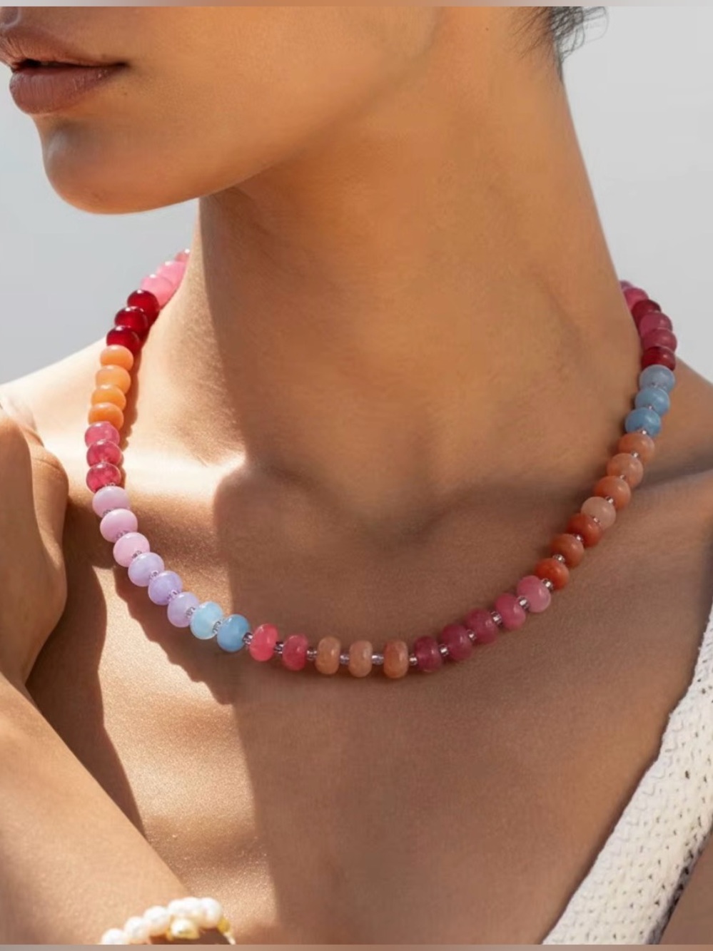 Colorful Gemstone Natural Beaded Necklace - Pink, Orange, Purple